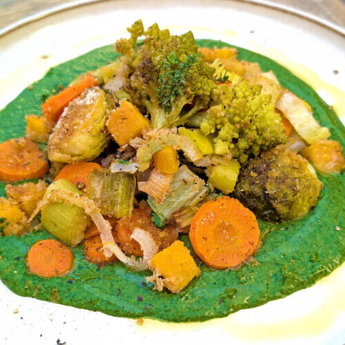 Verduras gratinadas con crema de alubias y espinacas