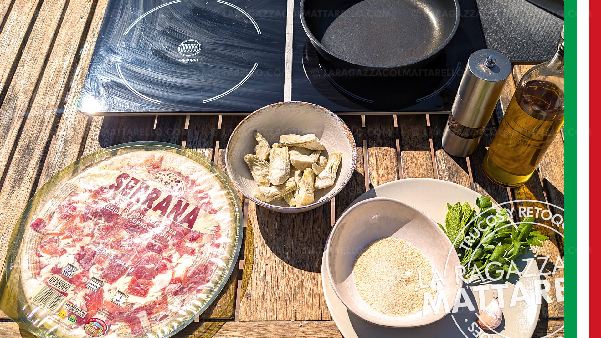 Pizza de jamón serrano del súper tuneada a la italiana: trucos gourmet explicados en 3 minutos ~ Paso a paso en tres minutos Primeros Recetas Trucos y Retoques  ~ La ragazza col mattarello