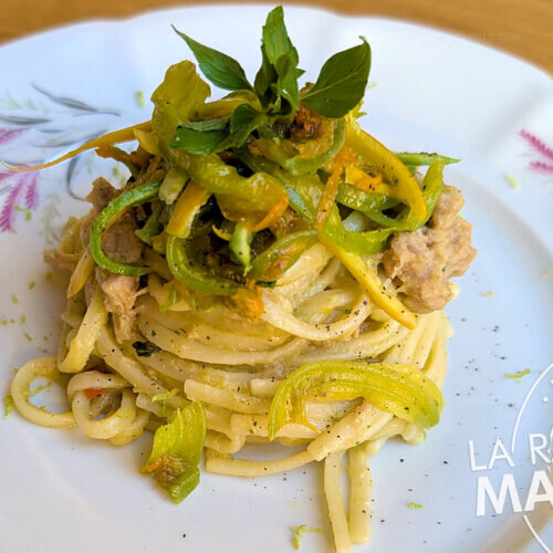 Pasta con crema de calabacín, atún y calabacín marinado
